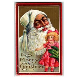 Vintage Santa Claus Christmas Postcard with Doll Illustration